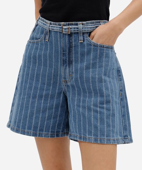 short feminino jeans cintura alta com cinto listrado azul