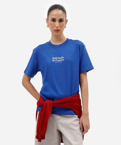 camiseta oversized feminina de algodão peruano manga curta estampada azul