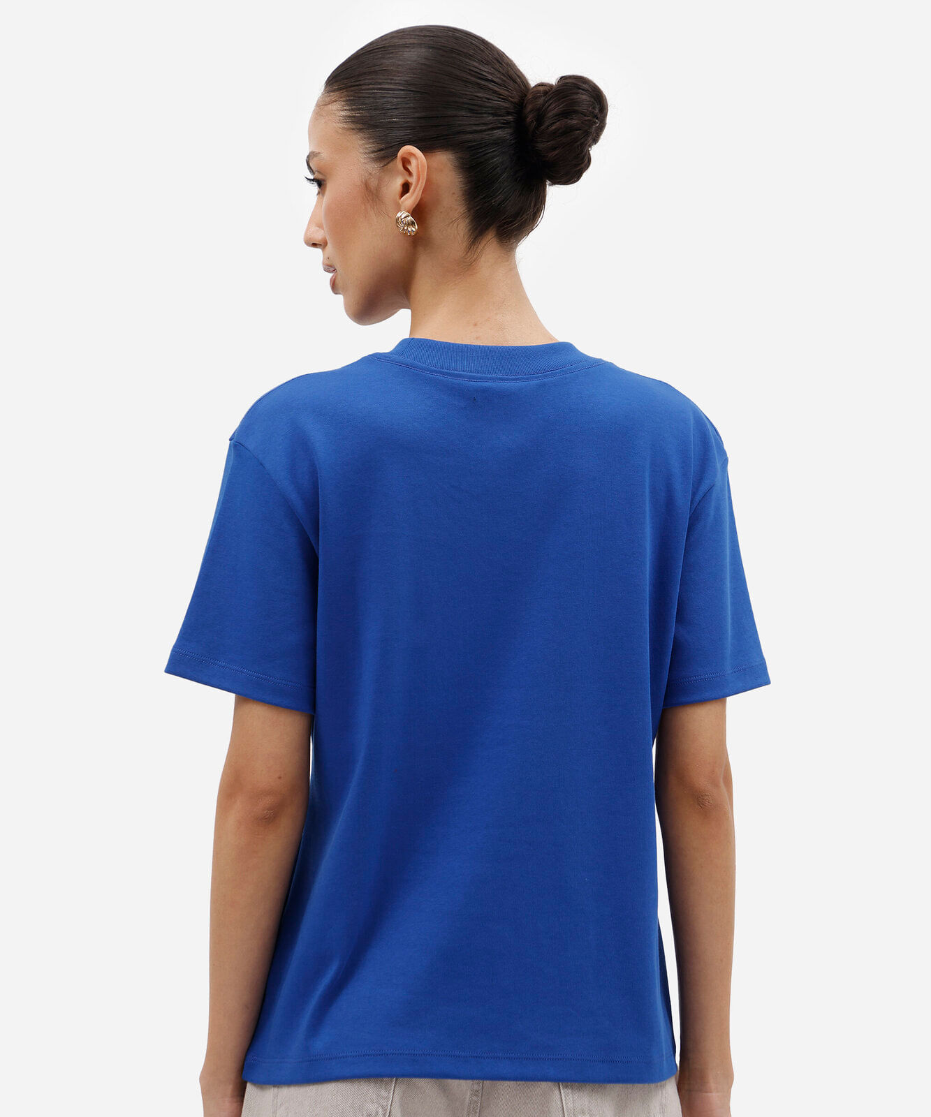 camiseta oversized feminina de algodão peruano manga curta estampada azul