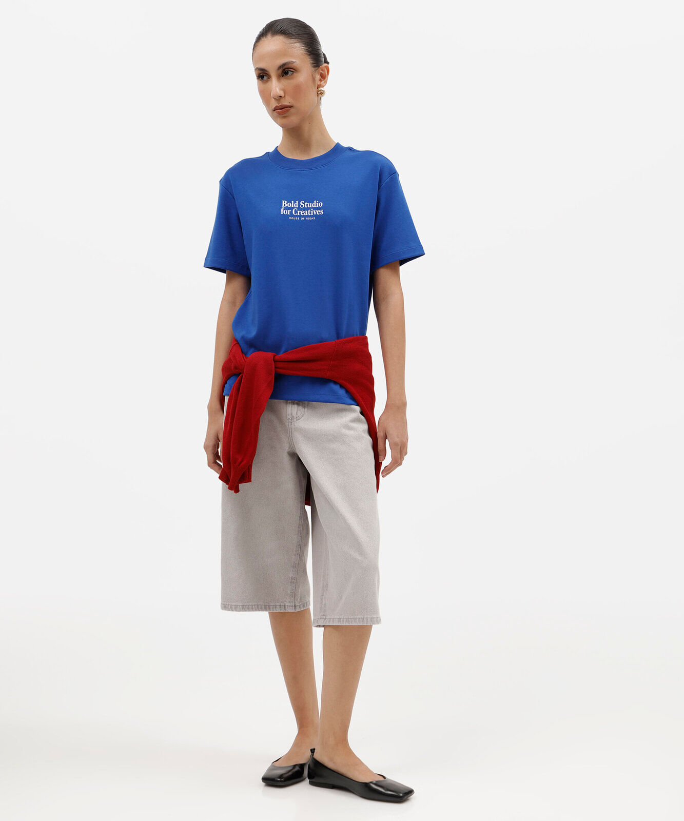 camiseta oversized feminina de algodão peruano manga curta estampada azul