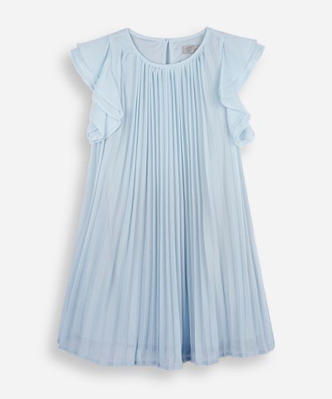 vestido infantil plissado de chiffon com manga curta azul
