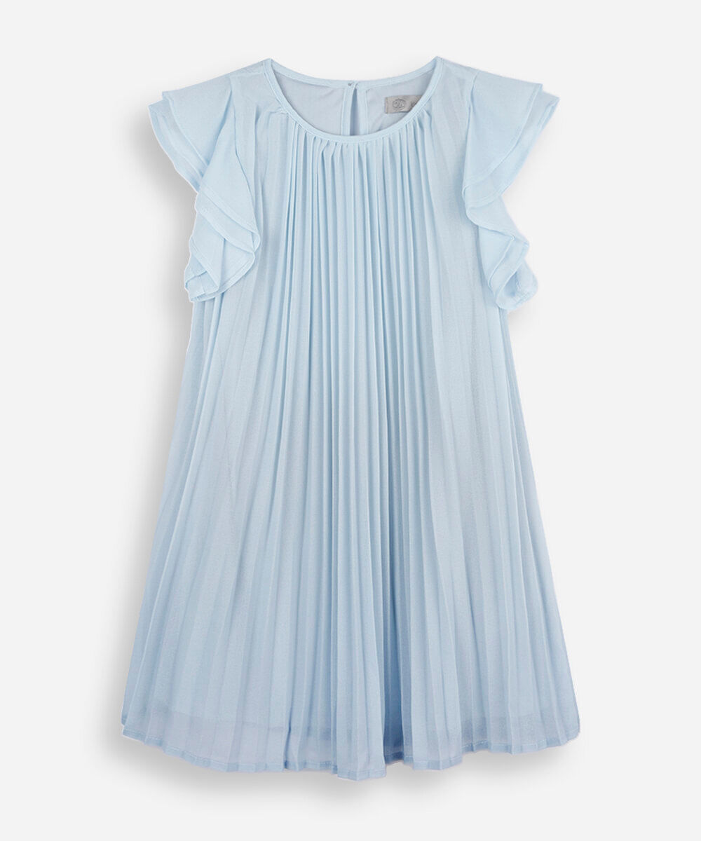 vestido infantil plissado de chiffon com manga curta azul
