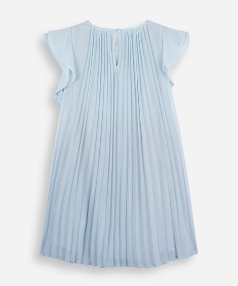 vestido infantil plissado de chiffon com manga curta azul