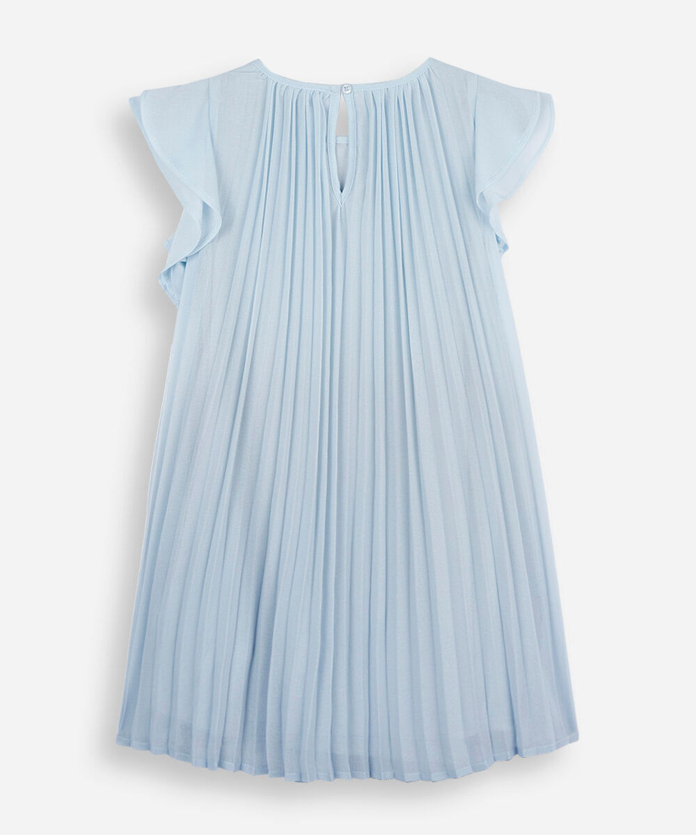 vestido infantil plissado de chiffon com manga curta azul