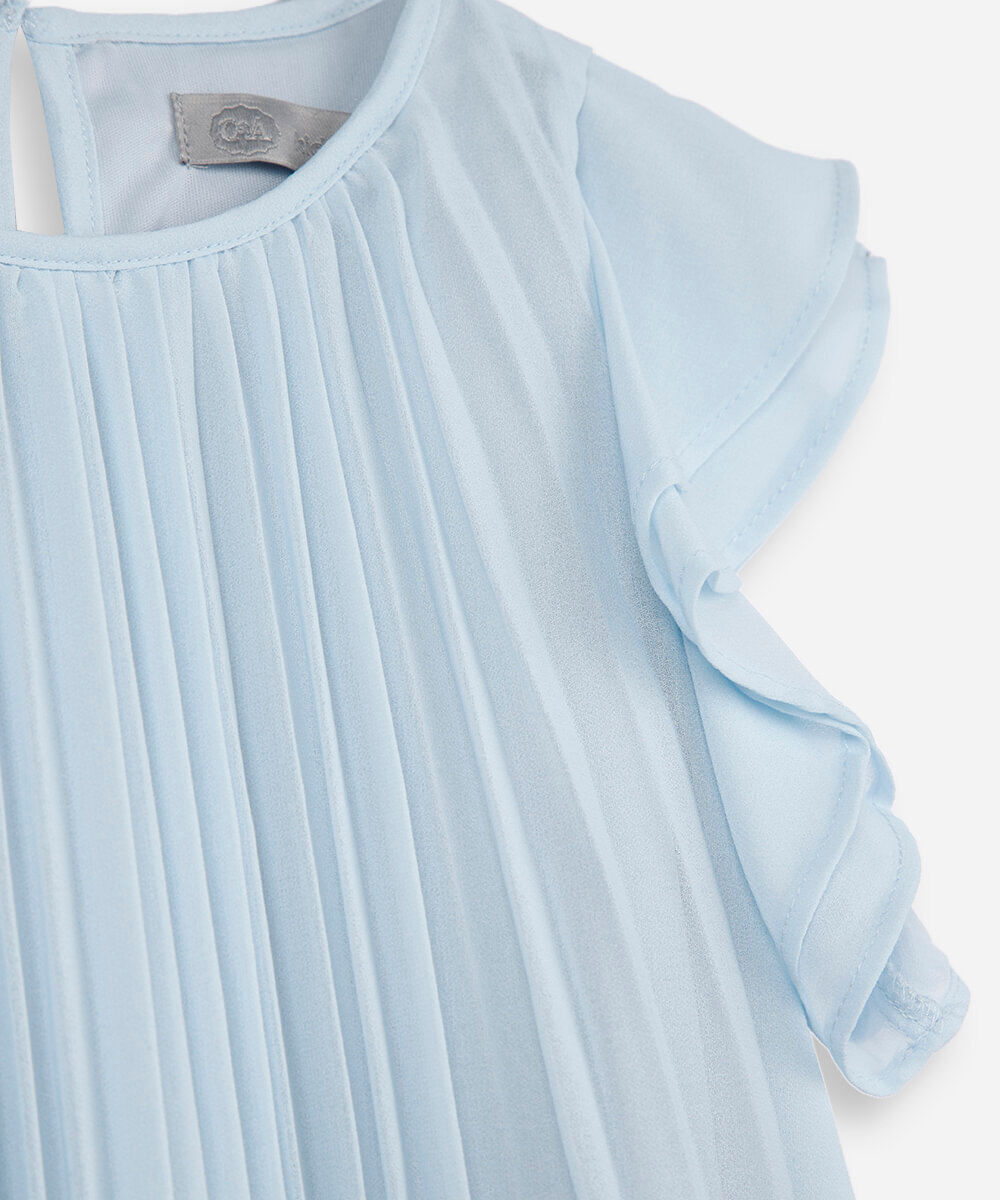 vestido infantil plissado de chiffon com manga curta azul