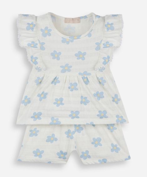 conjunto curto infantil de algodão texturizado floral off white