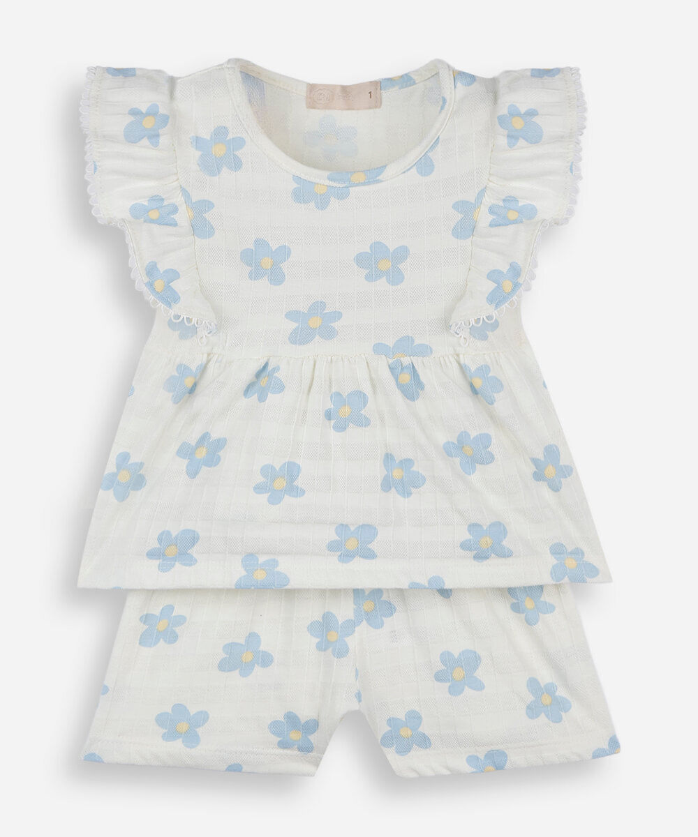 conjunto curto infantil de algodão texturizado floral off white