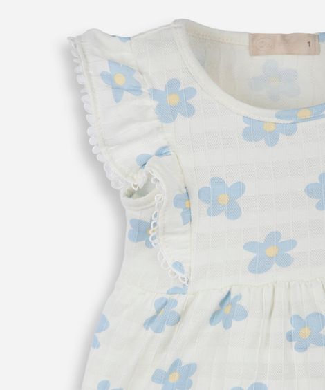 conjunto curto infantil de algodão texturizado floral off white