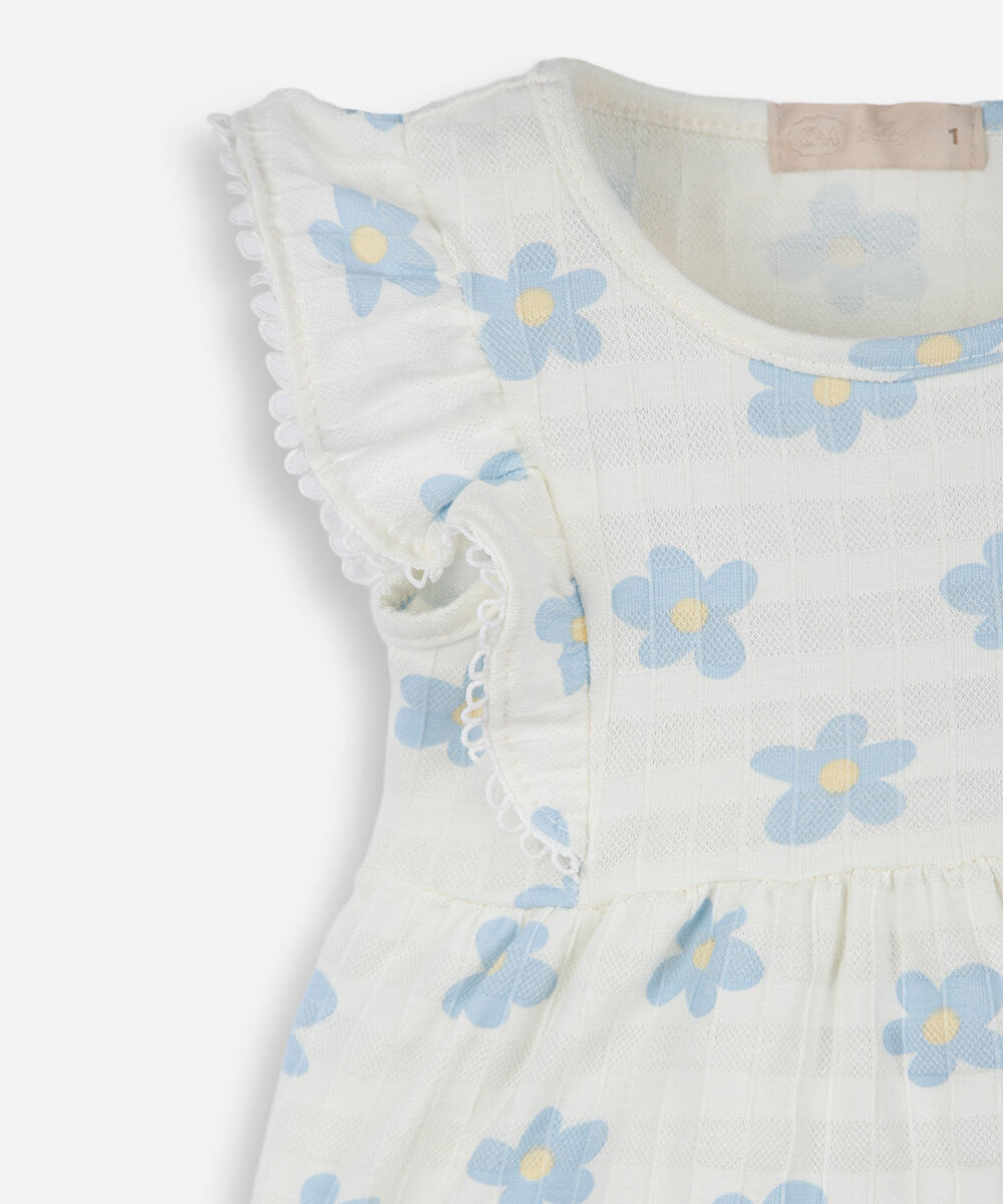 conjunto curto infantil de algodão texturizado floral off white