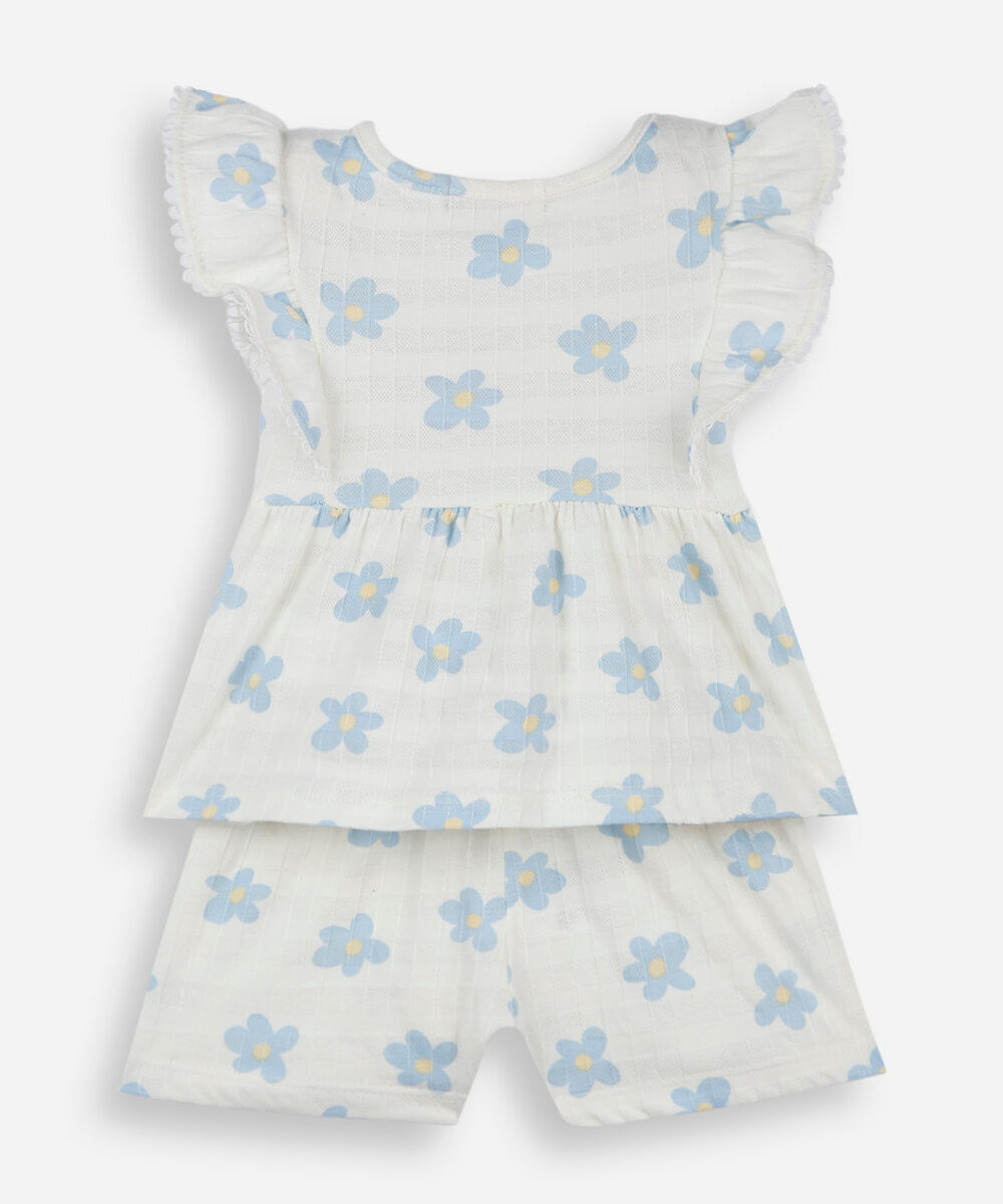 conjunto curto infantil de algodão texturizado floral off white