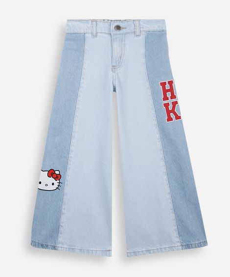 calça wide leg infantil jeans com recorte hello kitty azul