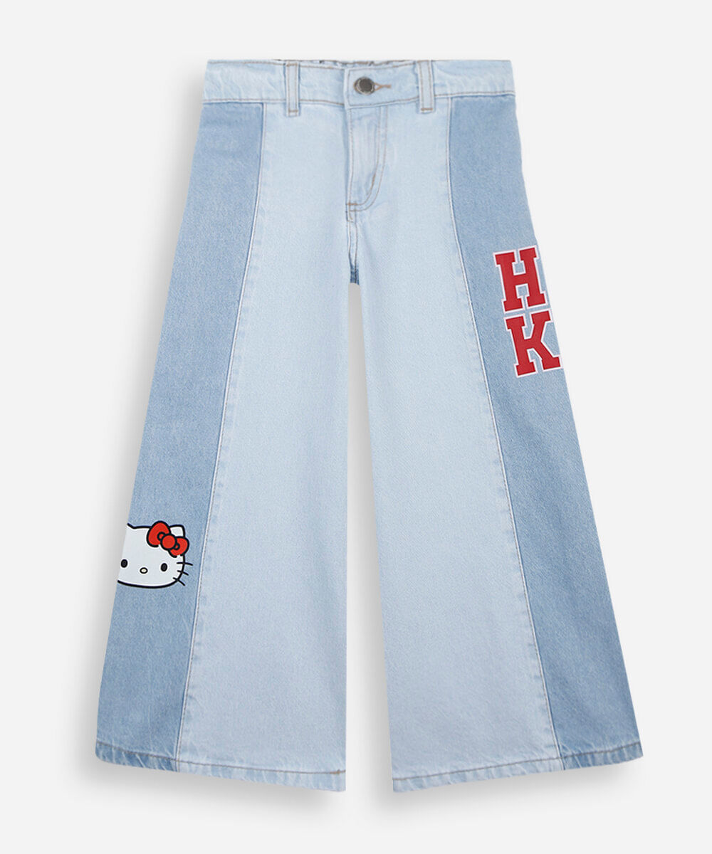 calça wide leg infantil jeans com recorte hello kitty azul
