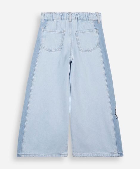 calça wide leg infantil jeans com recorte hello kitty azul