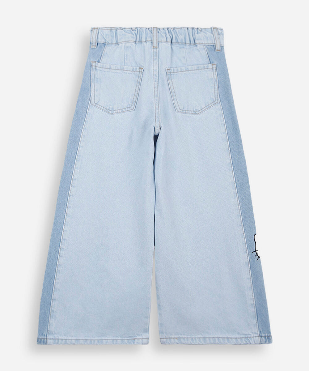 calça wide leg infantil jeans com recorte hello kitty azul