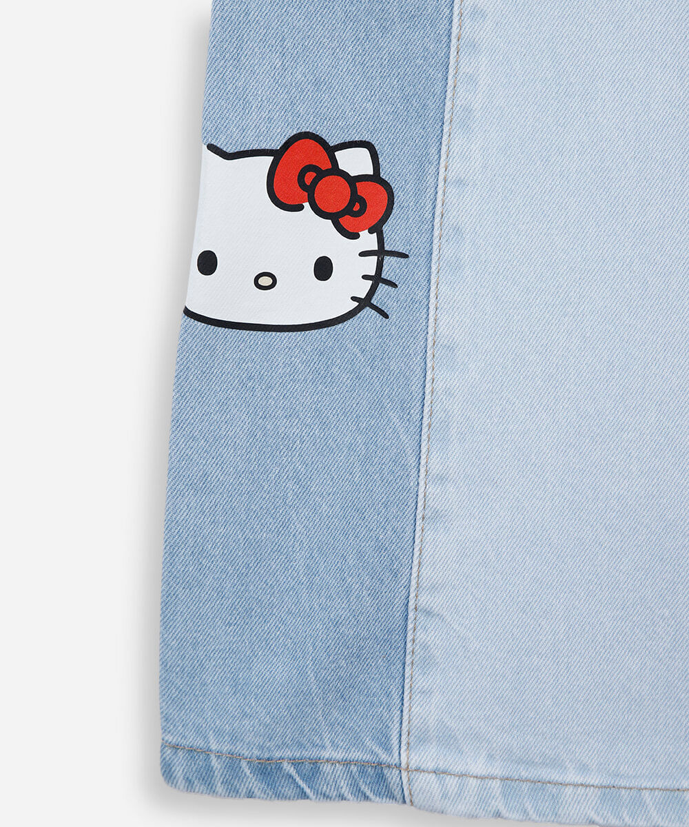 calça wide leg infantil jeans com recorte hello kitty azul