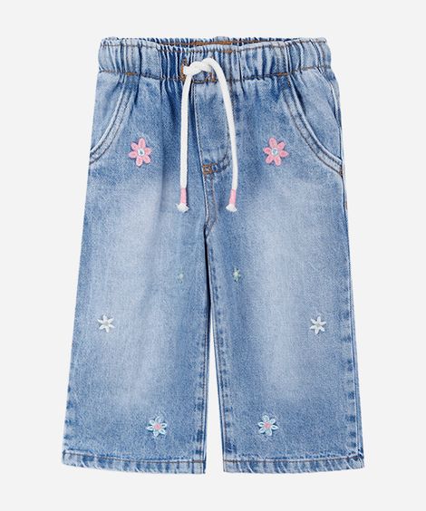 calça infantil jeans com bordado florzinha azul