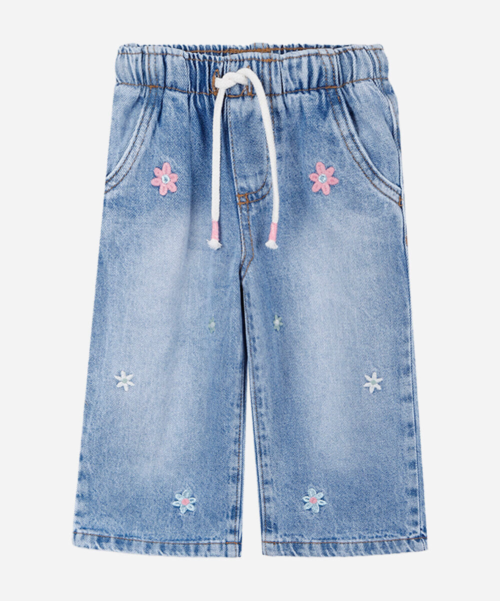 calça infantil jeans com bordado florzinha azul