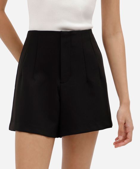 short feminino de alfaiataria com pregas cintura alta preto