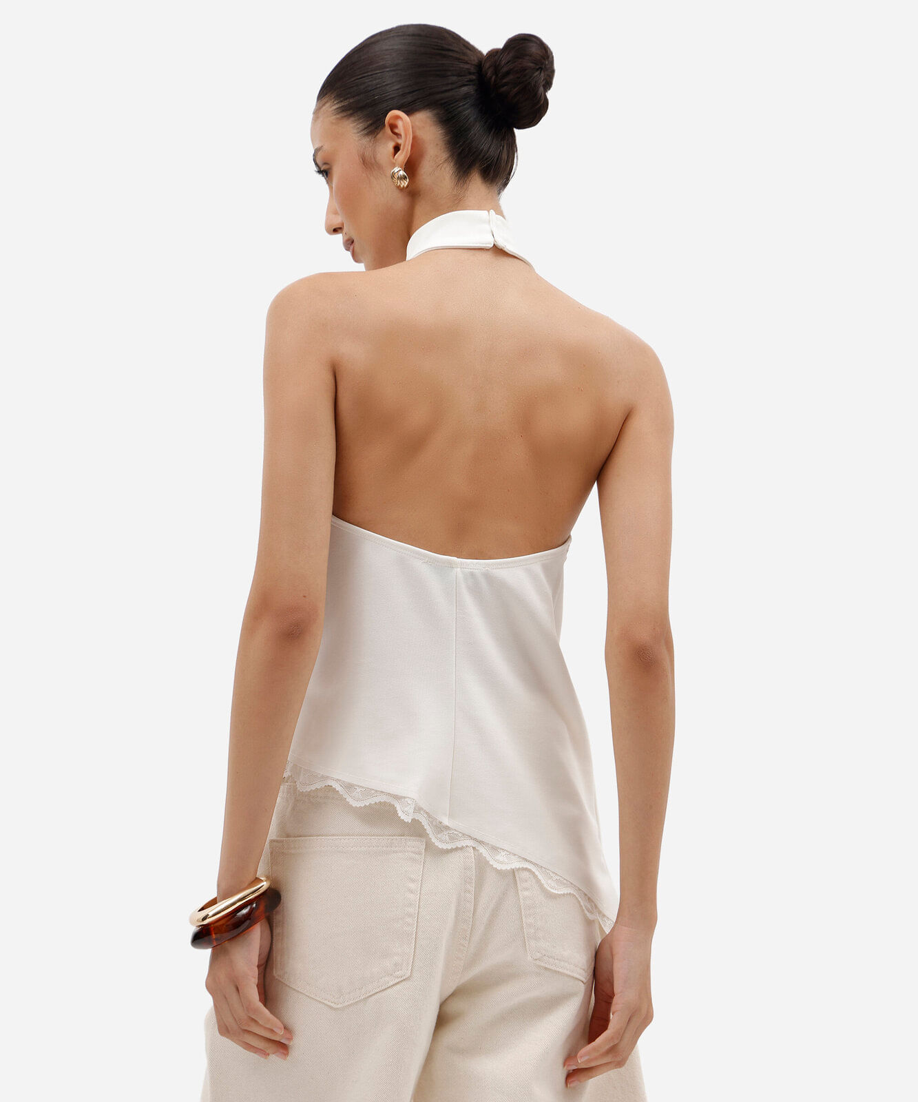 blusa assimétrica feminina halterneck com renda off white