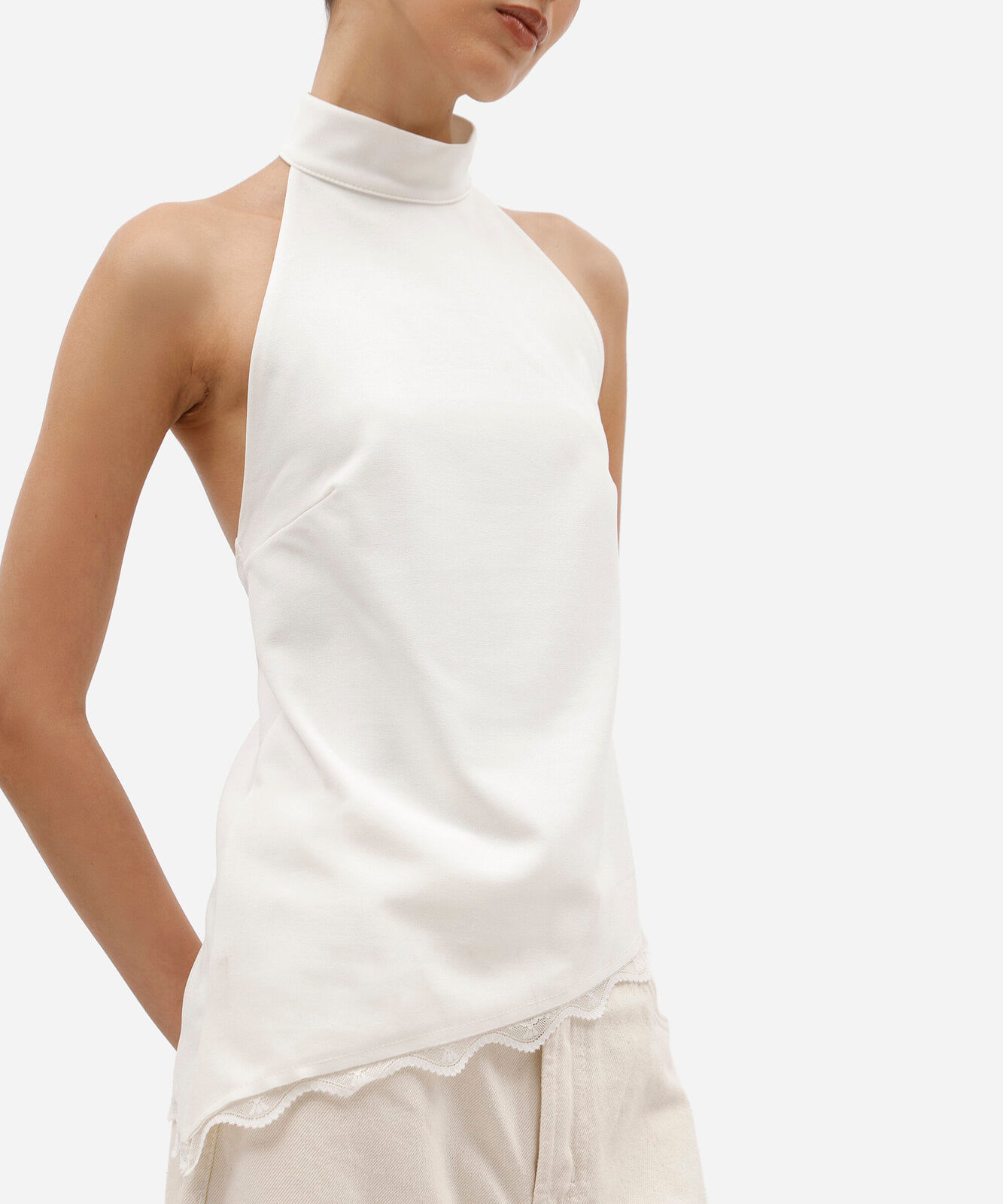 blusa assimétrica feminina halterneck com renda off white