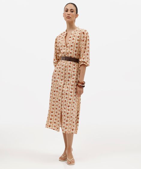 vestido midi chemise feminino de viscose floral com cinto amarelo