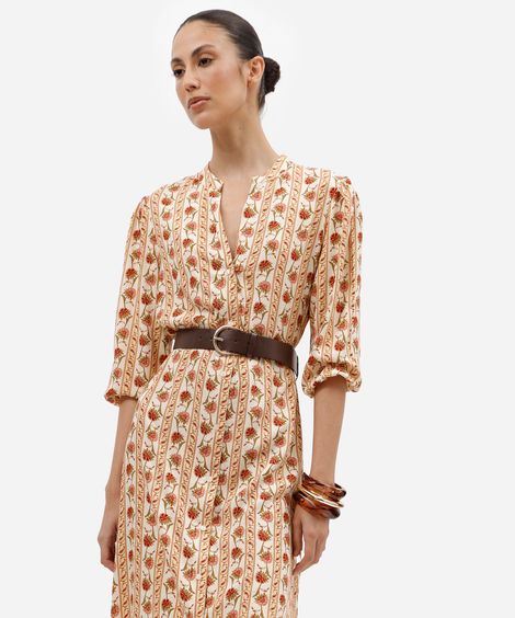 vestido midi chemise feminino de viscose floral com cinto amarelo