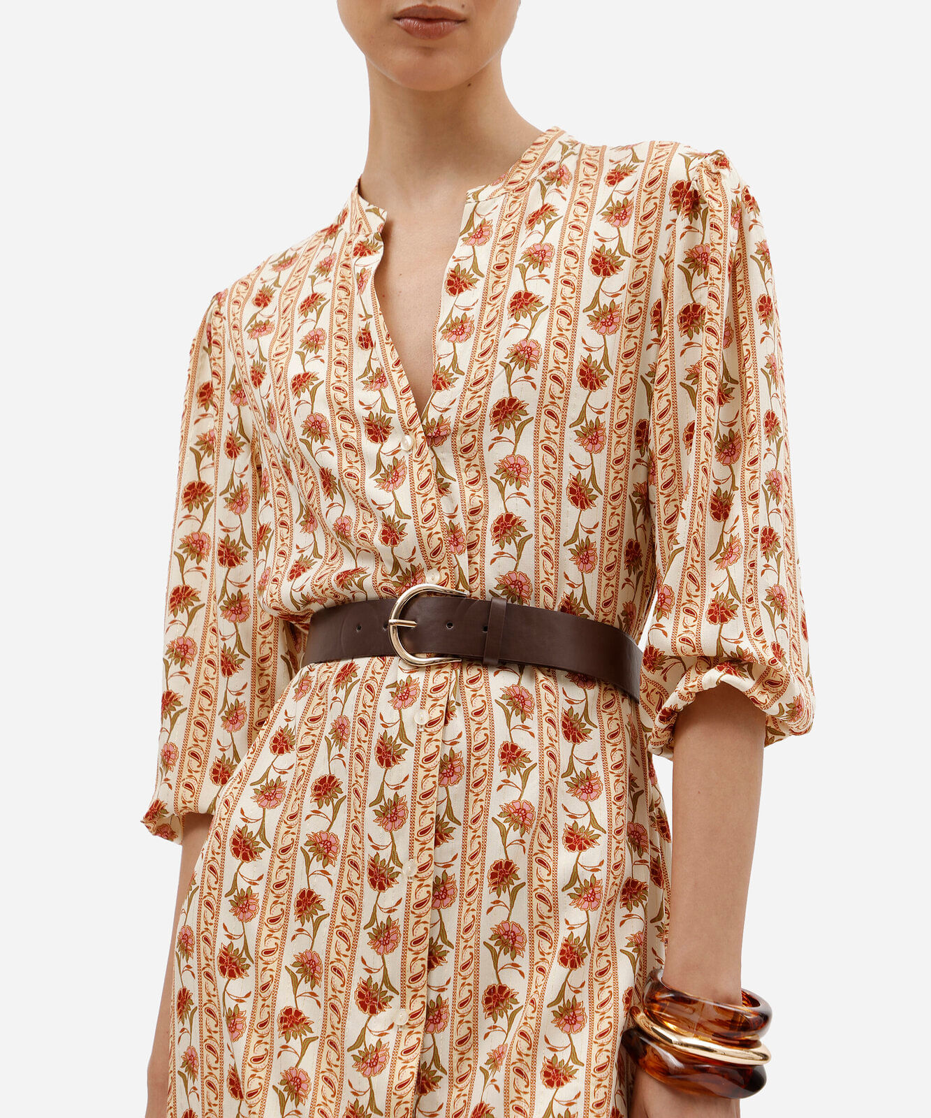 vestido midi chemise feminino de viscose floral com cinto amarelo