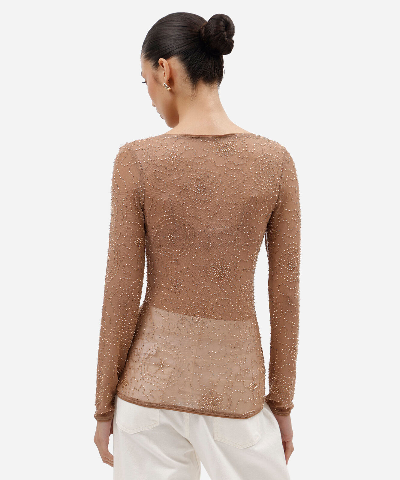 blusa feminina de tule bordado manga longa marrom