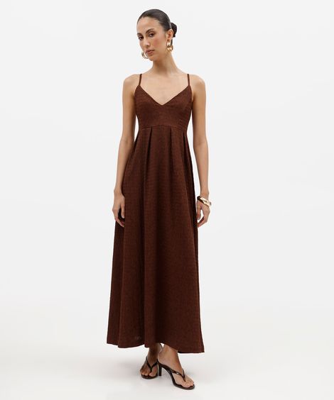 vestido longo feminino alça fina decote v texturizado marrom