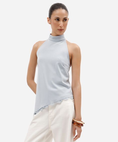 blusa assimétrica feminina halterneck com renda azul