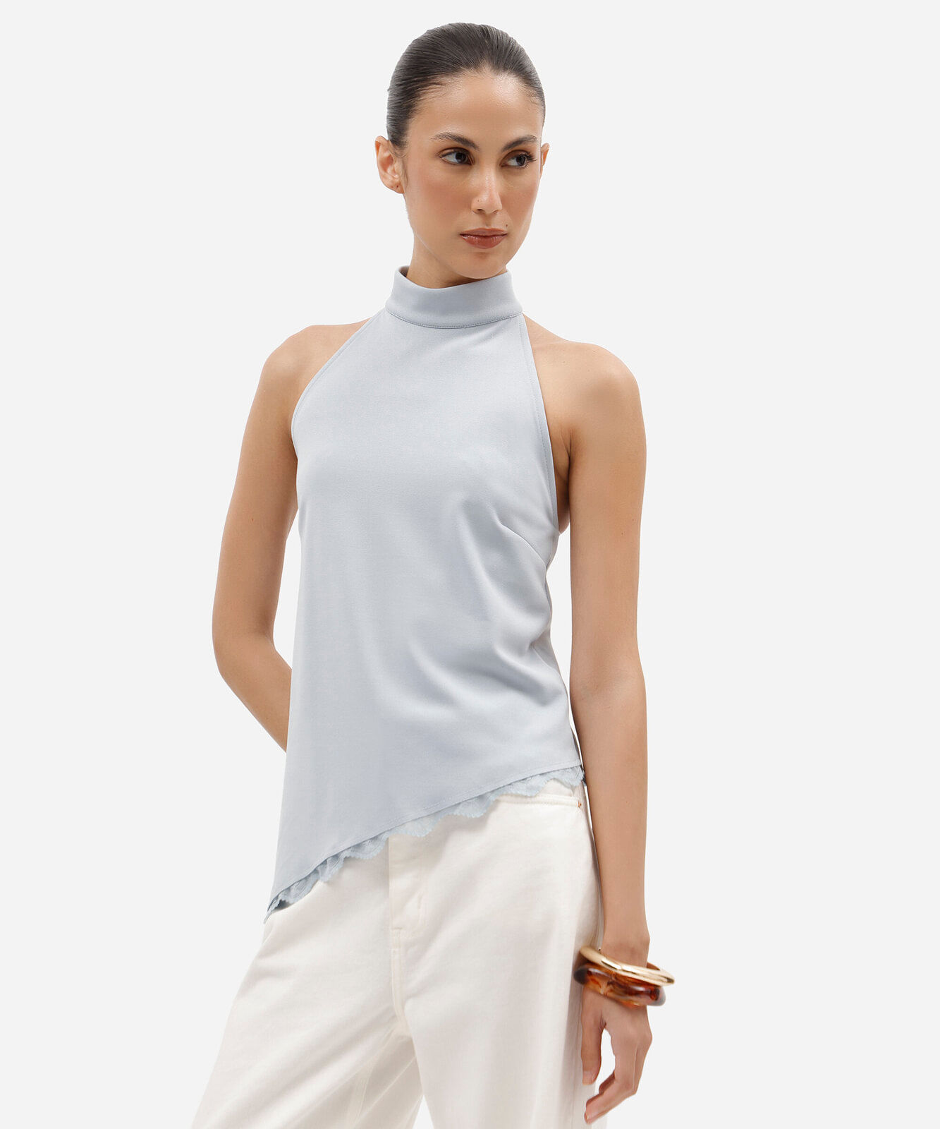 blusa assimétrica feminina halterneck com renda azul