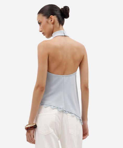 blusa assimétrica feminina halterneck com renda azul