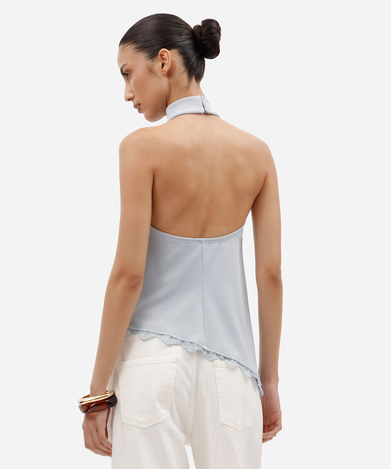 blusa assimétrica feminina halterneck com renda azul