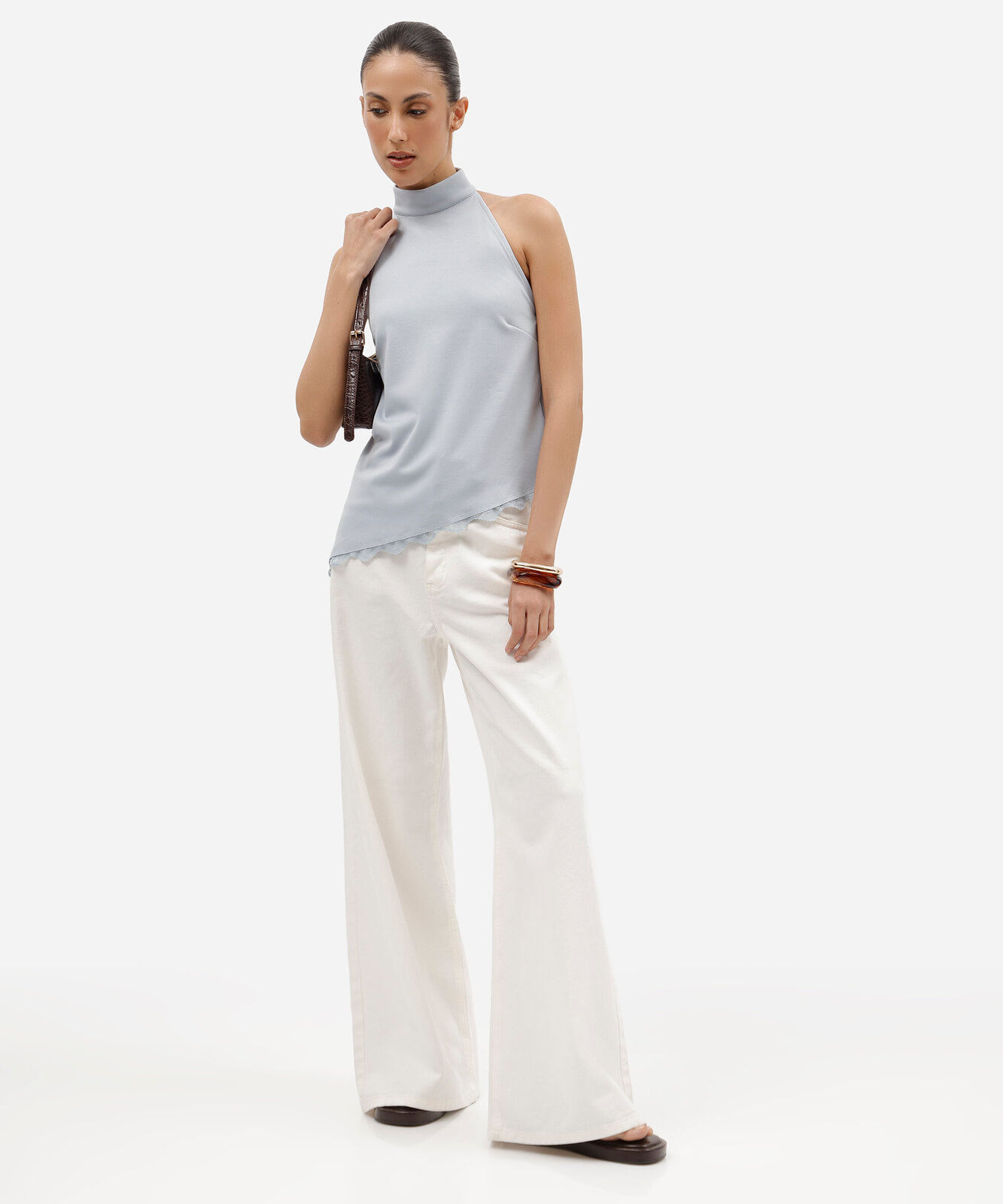 blusa assimétrica feminina halterneck com renda azul