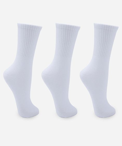 kit de 3 meias cano alto masculinas caneladas branco