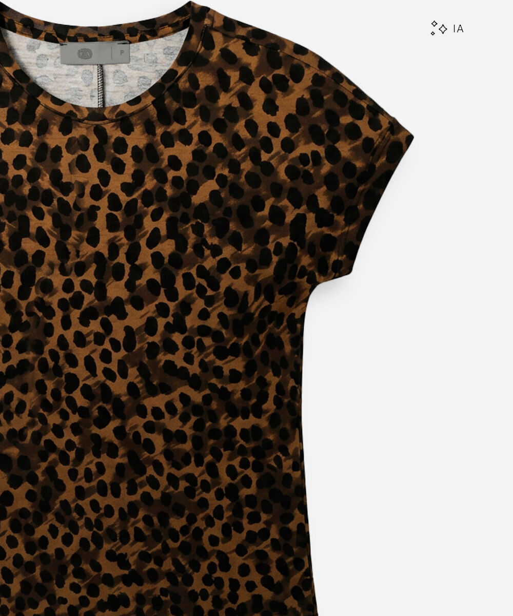 blusa feminina de viscose manga curta animal print marrom