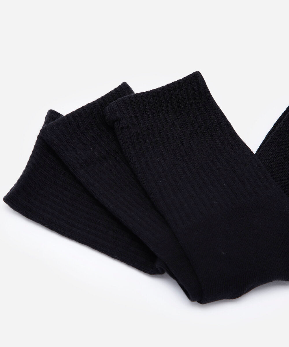 kit de 3 meias cano alto masculinas caneladas preto