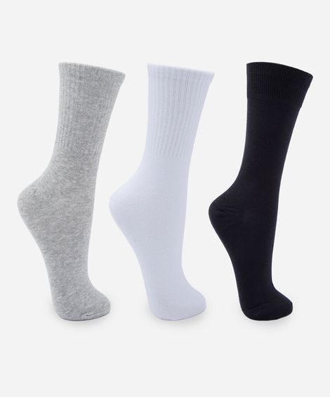 kit de 3 meias cano alto masculinas caneladas colorido
