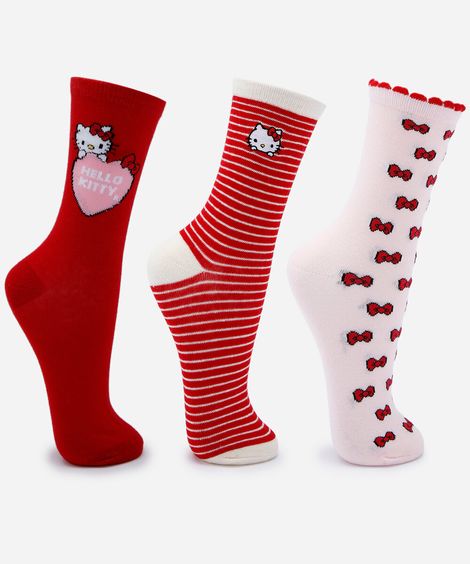 kit de 3 meias cano alto femininas hello kitty colorido