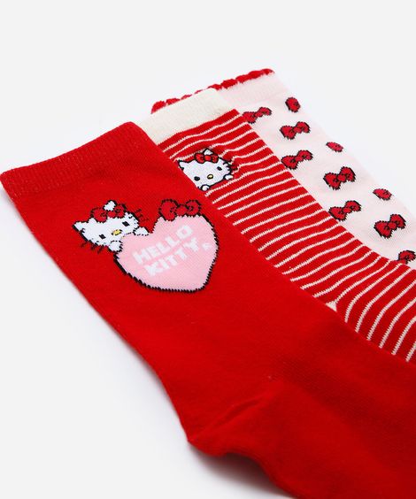 kit de 3 meias cano alto femininas hello kitty colorido