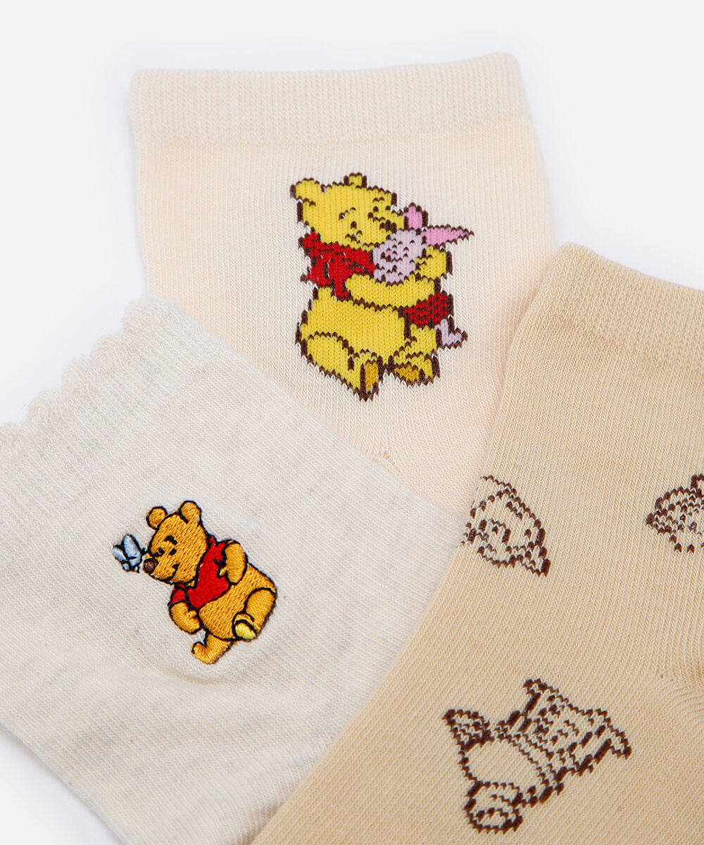 kit de 3 meias cano médio femininas ursinho pooh colorido