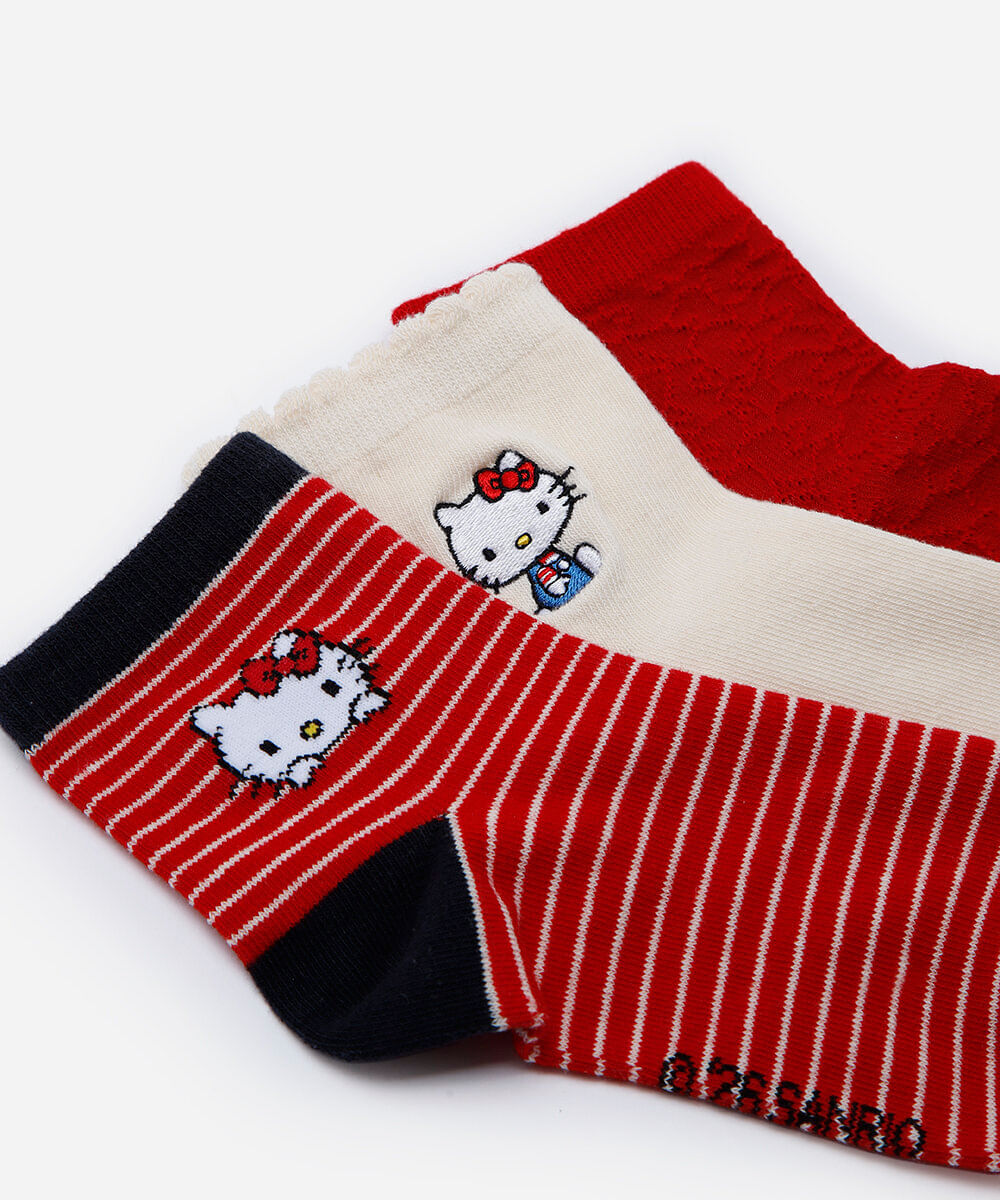 kit de 3 meias cano médio femininas hello kitty colorido