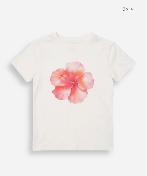 camiseta baby look básica feminina de algodão manga curta floral off white