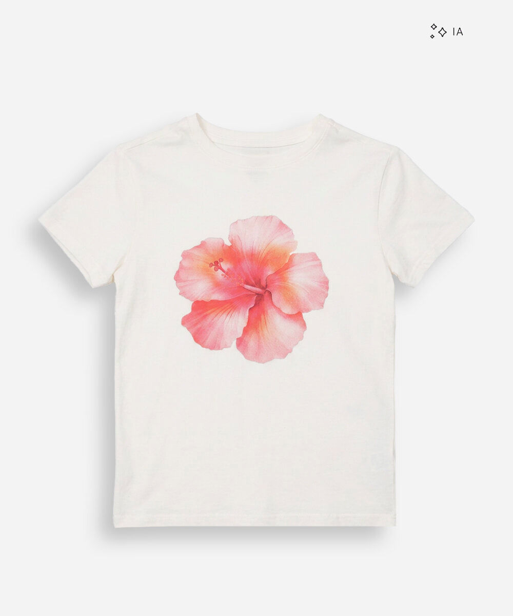 camiseta baby look básica feminina de algodão manga curta floral off white
