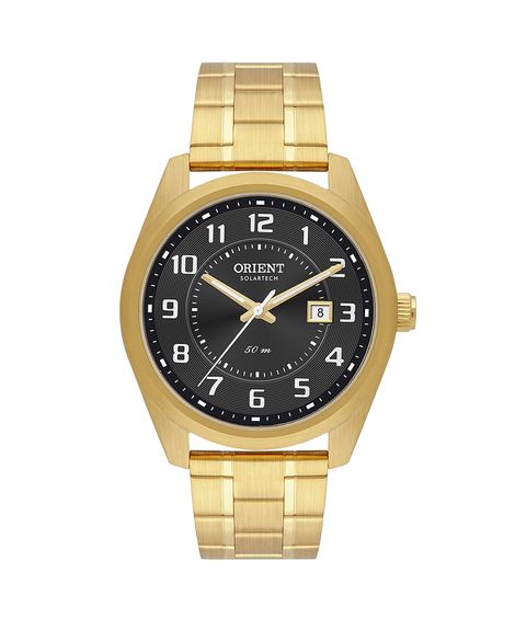 relógio masculino orient solartech analógico calendário mgss1288 g2kx dourado