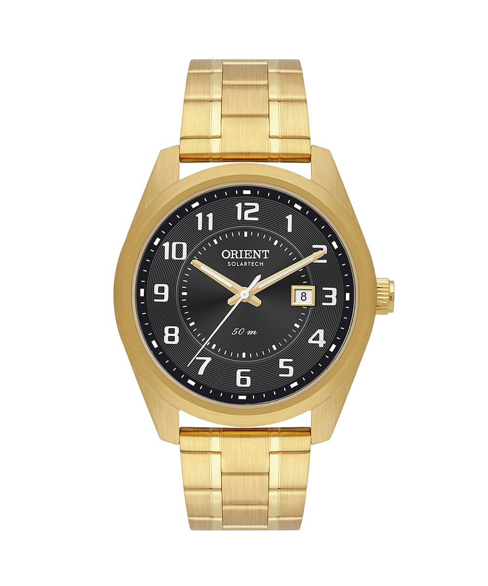 relógio masculino orient solartech analógico calendário mgss1288 g2kx dourado