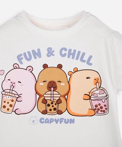 camiseta infantil de algodão manga curta capivara off white