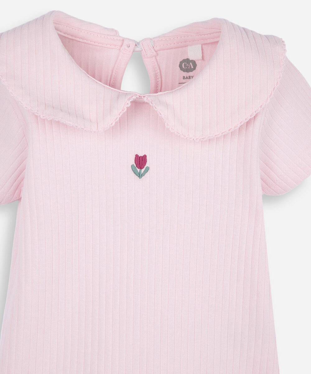body infantil de algodão manga curta canelado rosa