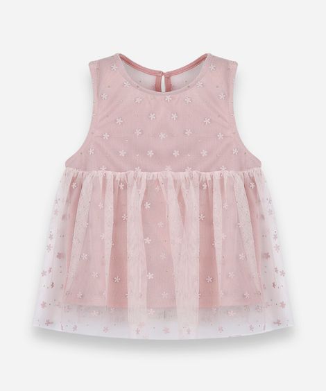 regata infantil de tule com recorte floral rosa