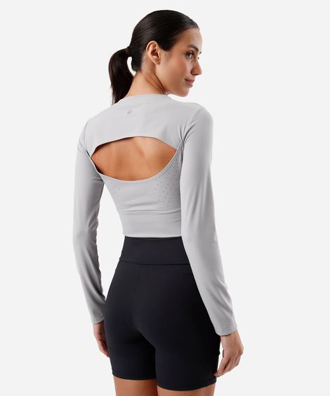 cropped feminino de poliamida esportivo com recorte cinza